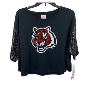 NFL Cincinnati Bengals Teens Apparel Black Sequin Short Sleeve Top Size Large